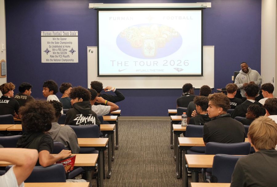 Film room at Furman, 2026 College Bus + Camps TOUR