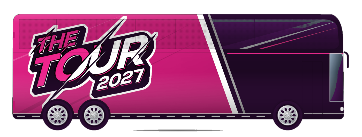 The pink and purple Lady Flag TOUR charter bus, based on The QB Mag TOUR bus design